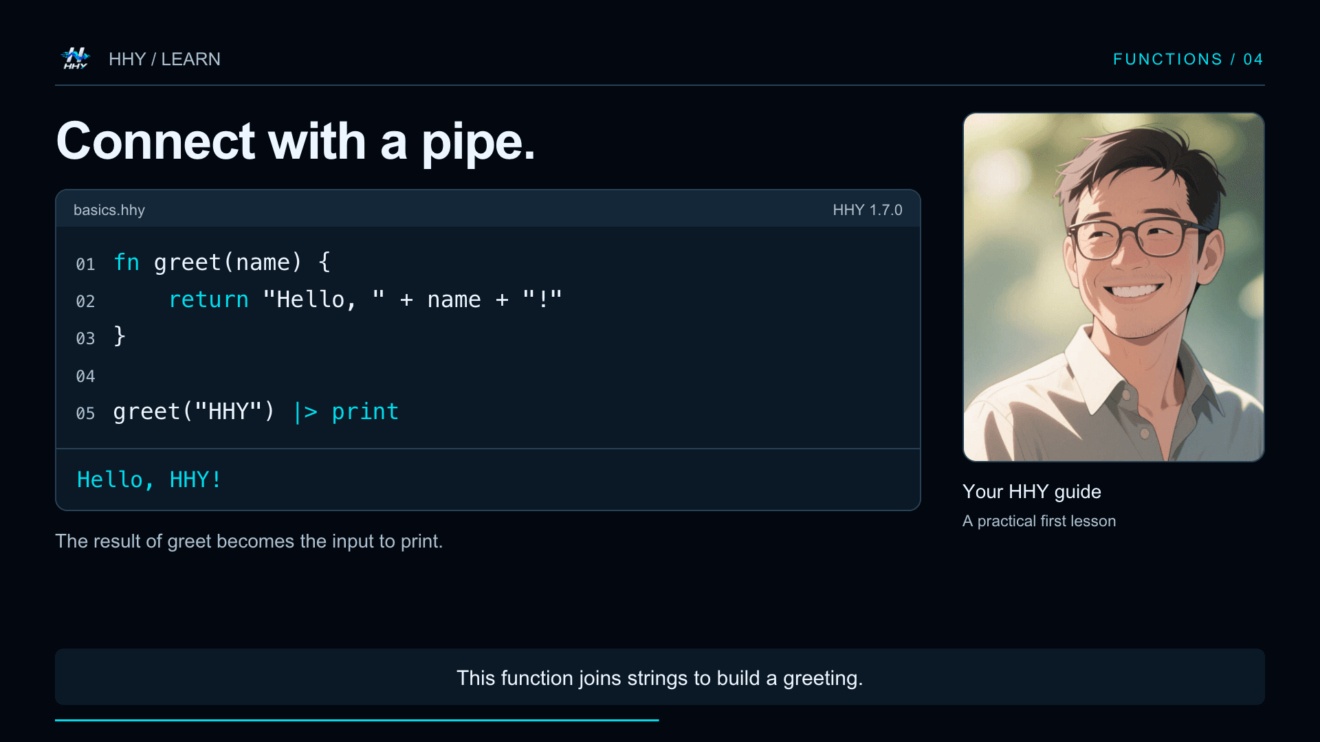 Functions and pipe syntax in the HHY getting-started tutorial