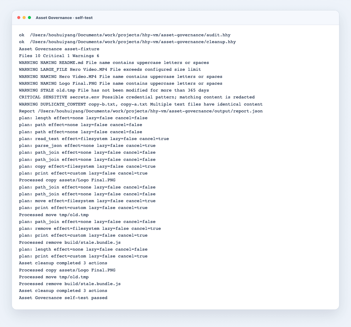 Asset Governance audit, dry-run, and applied-remediation verification